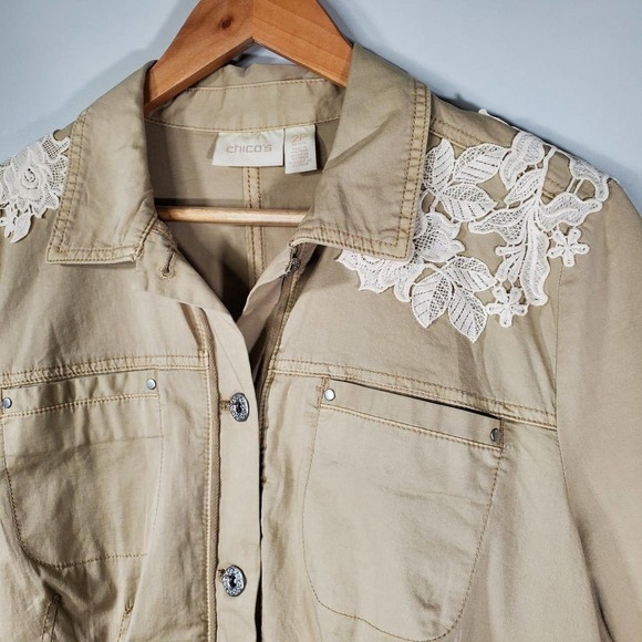Chico's Lace Applique Utility Jacket Khaki White Size 2 Petite - Picture 2 of 16